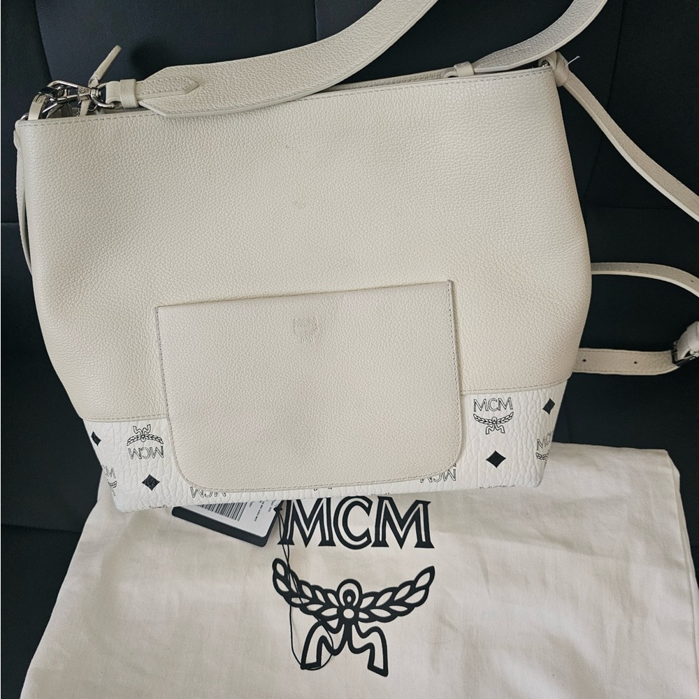 MCM White Shoulder Bag with Textured Fabric and Silver Hardware